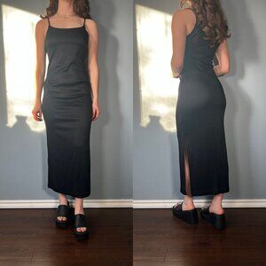Vintage 90s Slip Dress, 1990s Solid Black Maxi Summer Dress